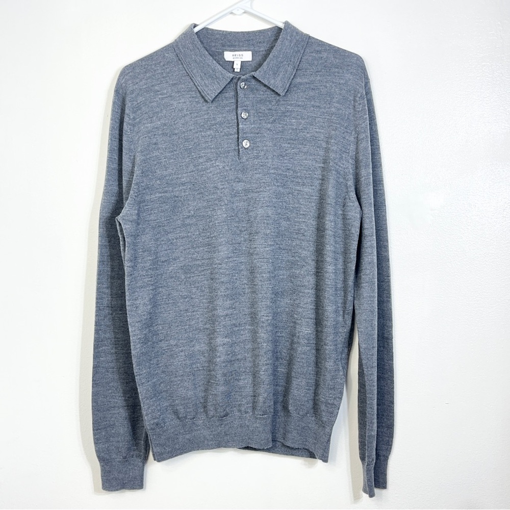 REISS Men Large Gray Sweater 100% Merino Wool Long Sleeve Polo Shirt